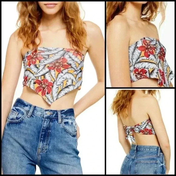 Topshop Tropical Floral Scarf Top In Yellow Multi Crop Top - Picture 1 of 5